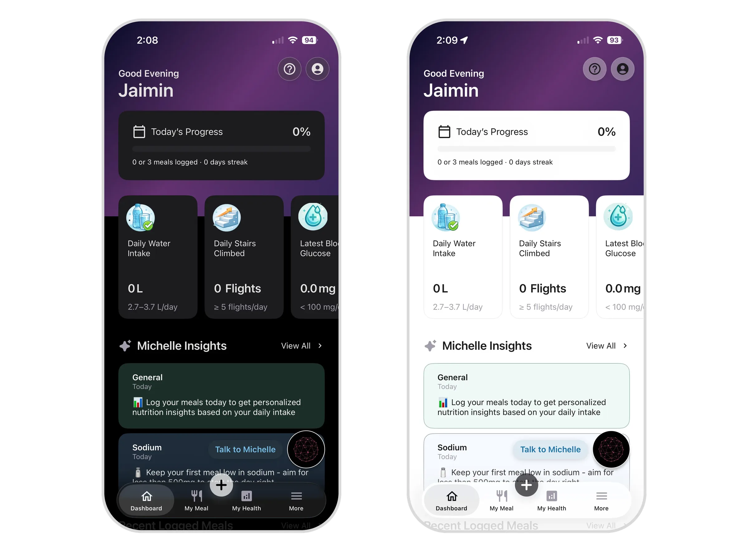 Light and dark mode screens side by side